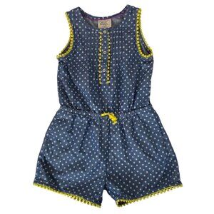 Mini Boden Polka Dot Girls Romper 4-5Y Blue Yellow Pom Pom Trim Spring Summer
